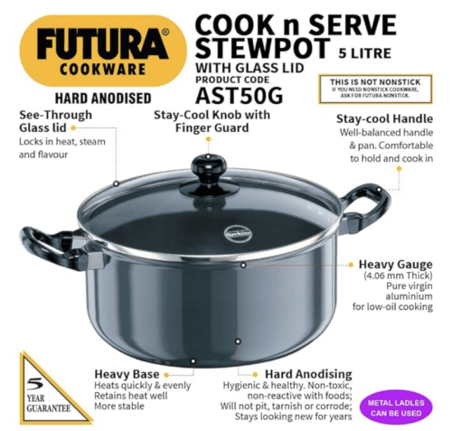 Hawkins Futura 5 Litre Cook n Serve Stewpot, Hard Anodised Sauce Pan with Glass Lid, Cooking Pot with Two Handles, Black (AST50G) - Image 4